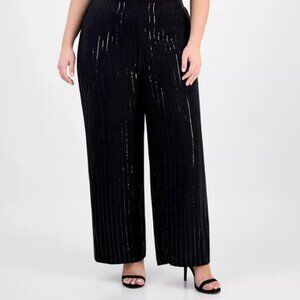 Anne Klein Plus Size Sequin Pinstripe High-Rise Wide-Leg Pants